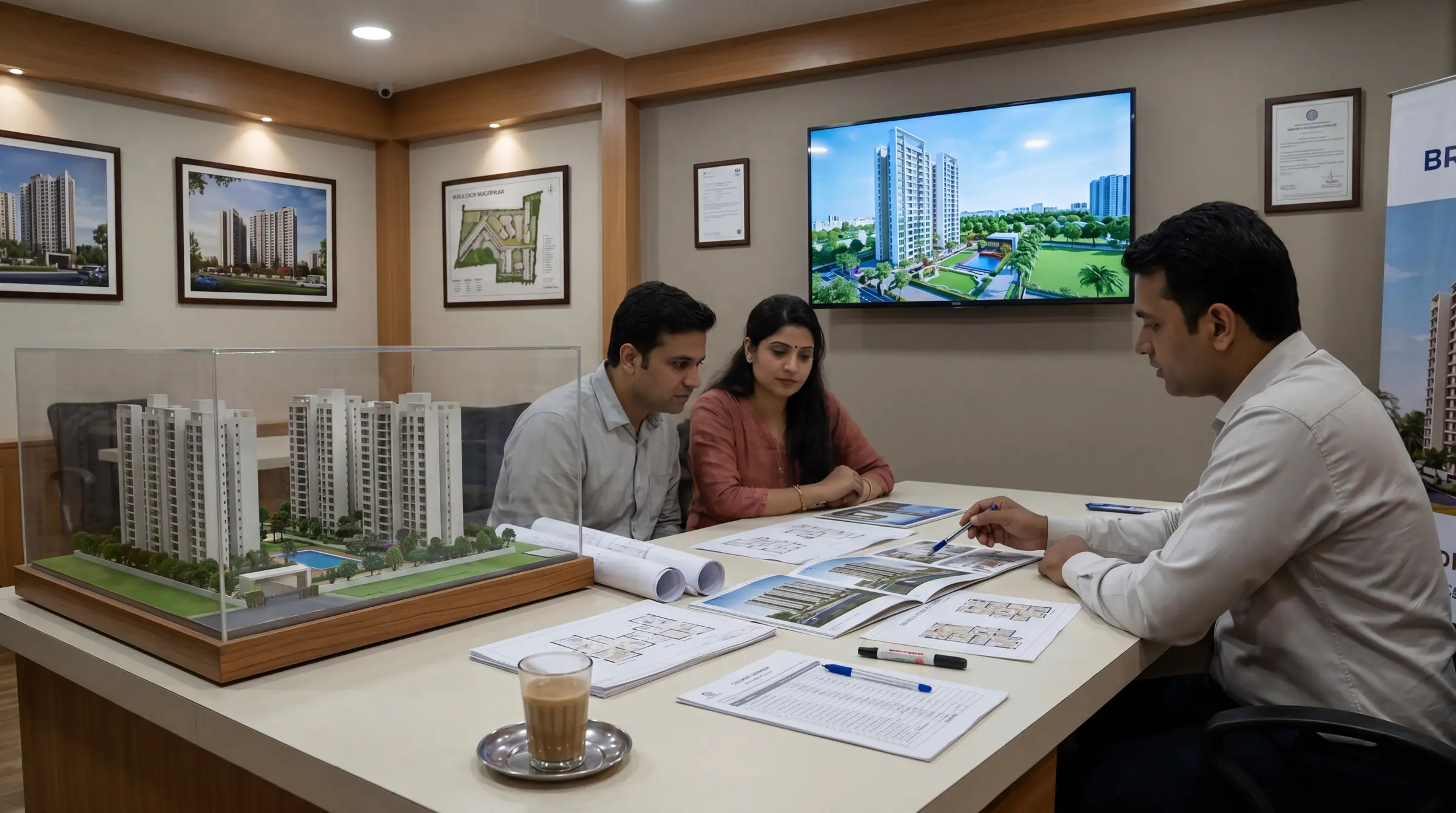 Traditional real estate sales gallery with brochures and scale models